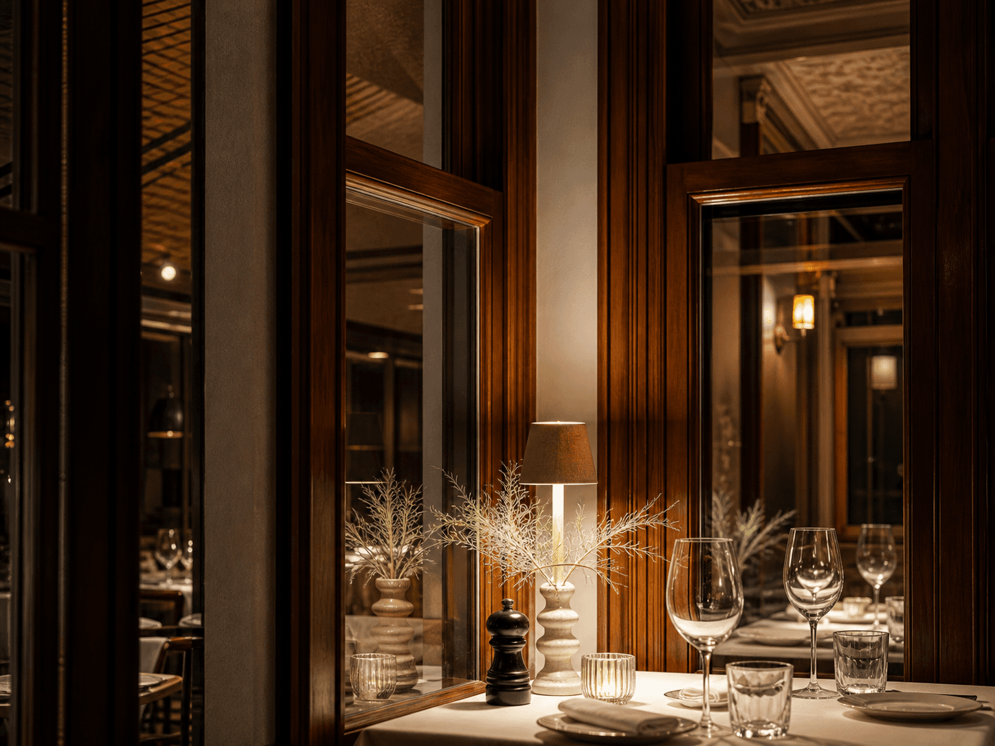 Warm restaurant dining table with glassware beside wooden window frames